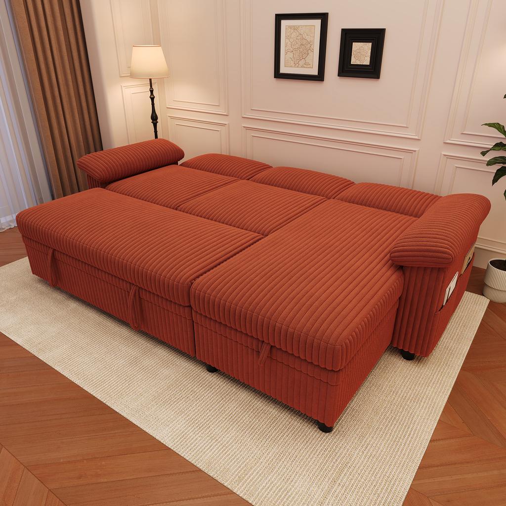 L-Shaped Corner Sofa with Pull-Out Sleep Function; Ottoman with Storage, Left/Right Reversible; Adjustable Backrest; Corduroy Fabric, Orange