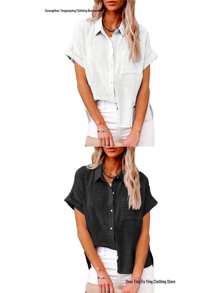 2026 Spring/Summer Women's Cotton Linen Pocket Short Sleeve Shirt