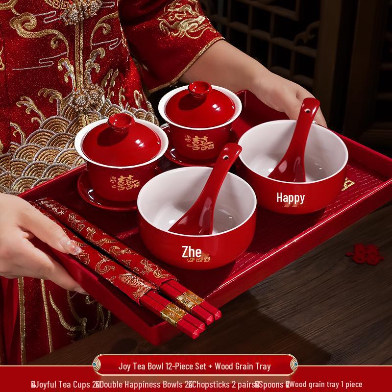 Festive Red Wedding Tea Set: Lidded Bowls, Tea Cups, and Chopsticks