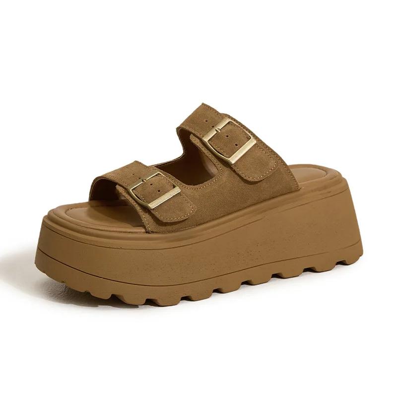 Fashion 7CM Suede Leather High Brand Comfy Peep Toe Slippers Fashion Platform Wedge Flats Sandals Summer Chunky Sneaker Hook Shoes Women