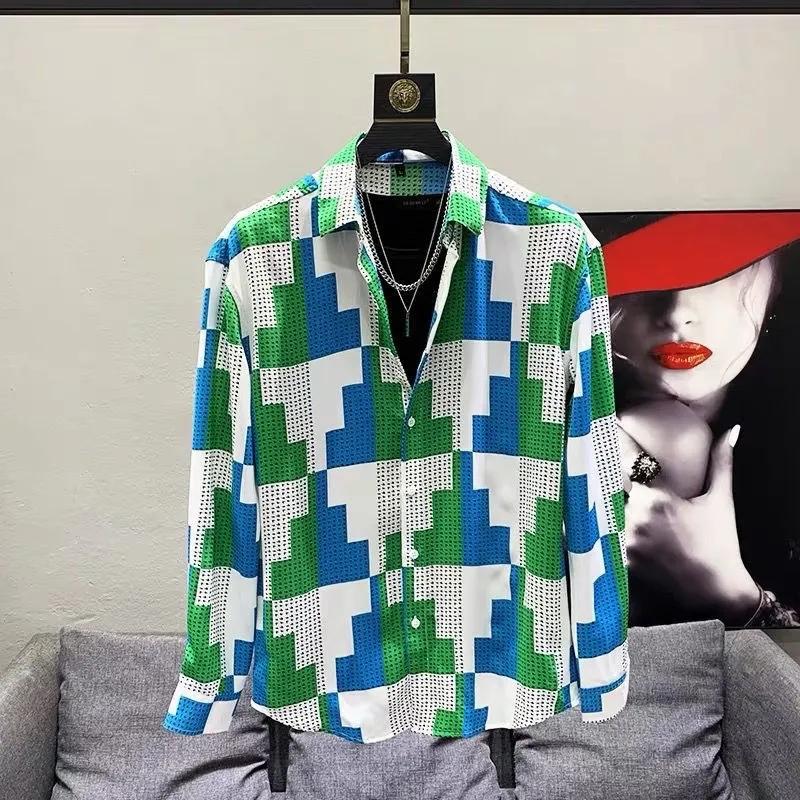 

Spring Summer Printed Long-sleeved Shirt for Men Korean Style Handsome Loose Internet Checkered Shirt L зелений