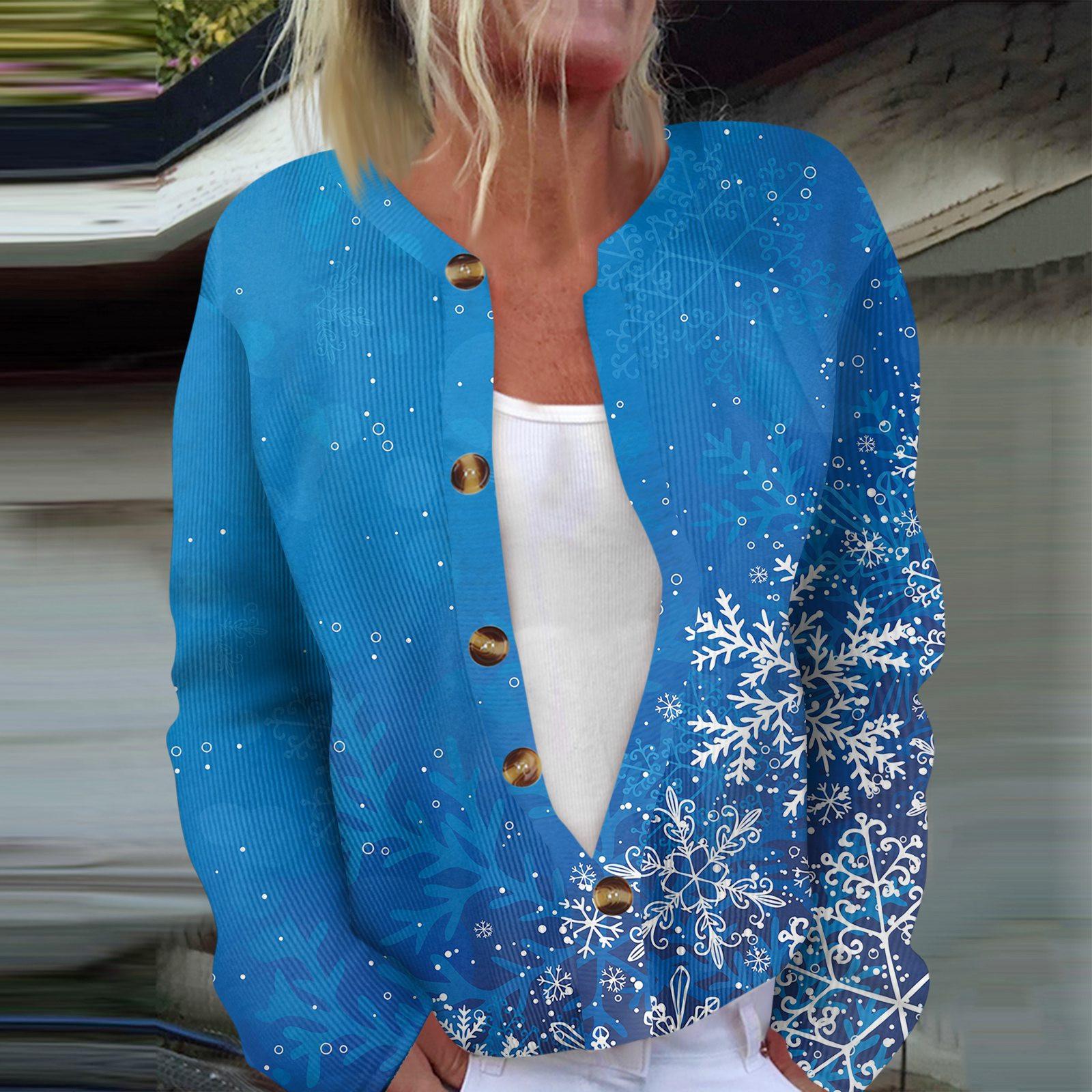 

Женская мода с длинным рукавом, рождественский принт «Снеговик-снежинка», куртка, кардиган XXL синий