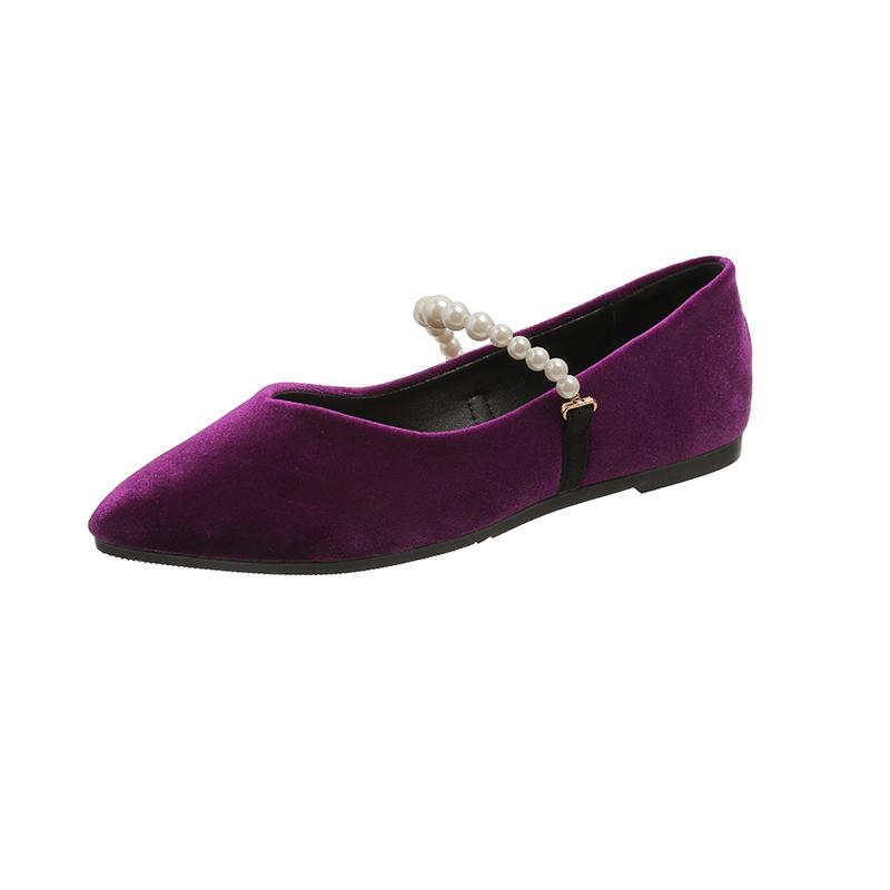 

Туфли без застежки на низком каблуке 2024 года, весна-лето, новый стиль, модные туфли на плоской подошве с декоративными бусинами и острым носком 43 фиолетовый