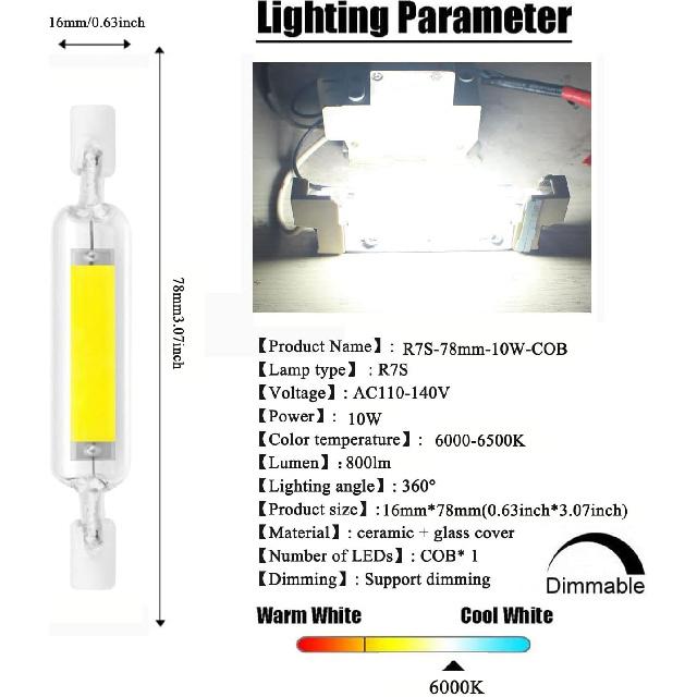 78mm 10W R7S LED Bulb 100W Halogen Equivalent 78mm J-Type 10W 120V R7S Base 6000K Cool White J Type T3 78mm Double Ended Flood Light Bulbs 360°Beam