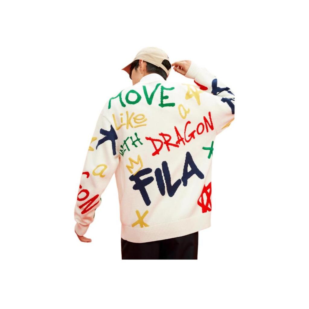 Fila Da Da Long Series Woven Color Block Fun Handwritten Pattern Knit Sweater Unisex Sweater Cloud-Mushroom-White F11U419402F-WT