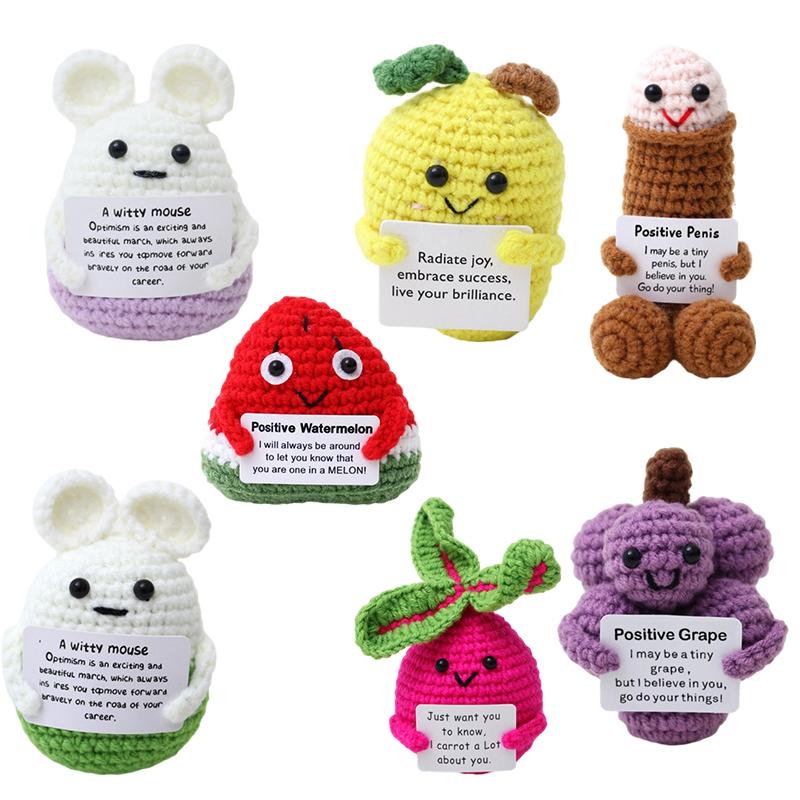 Positive Figures Crochet Doll Ornaments with Cards Funny Gifts Positive Energy Knitted Animals Craft Desktop Car Interior Decor