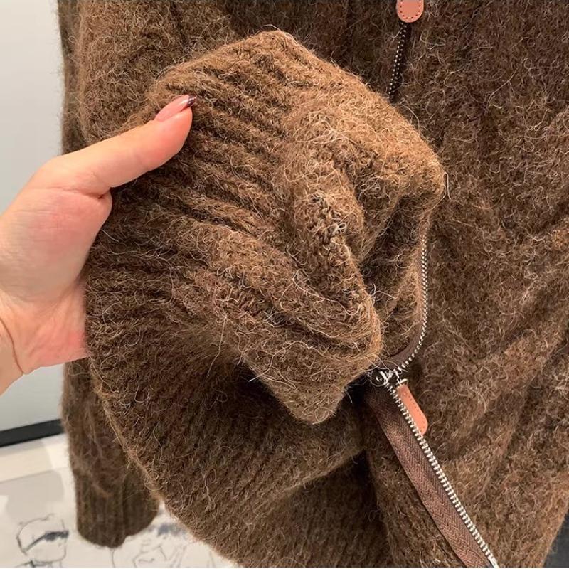 Dámský podzimní zimní ležérní styl volný pletený kardigan retro jednobarevný dvojitý zip límeček s klopami svetr dámský top