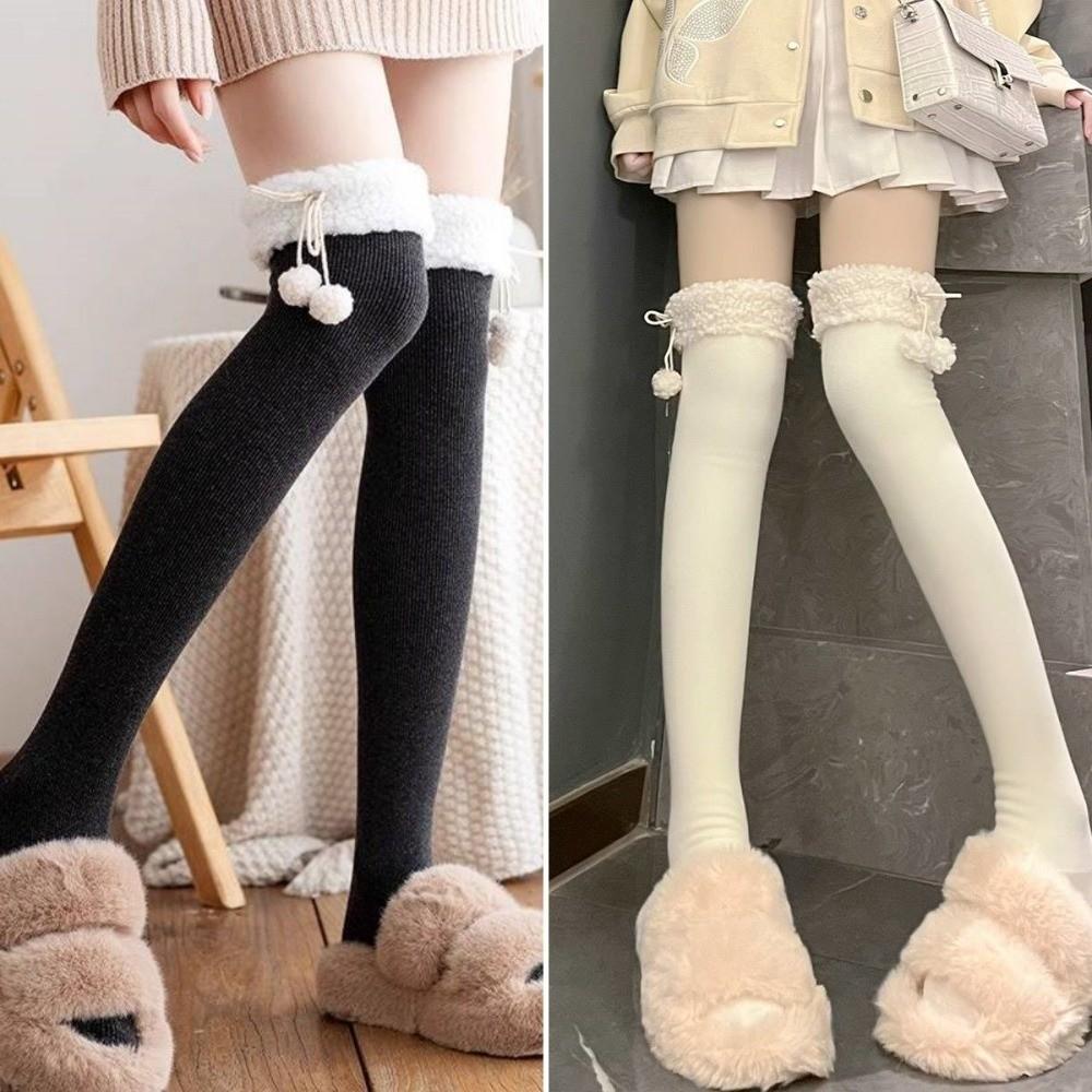 1 Pair Wool Ball Knee High Socks Vertical Stripe Plush Stockings Cute Over Knee Socks Women Girl