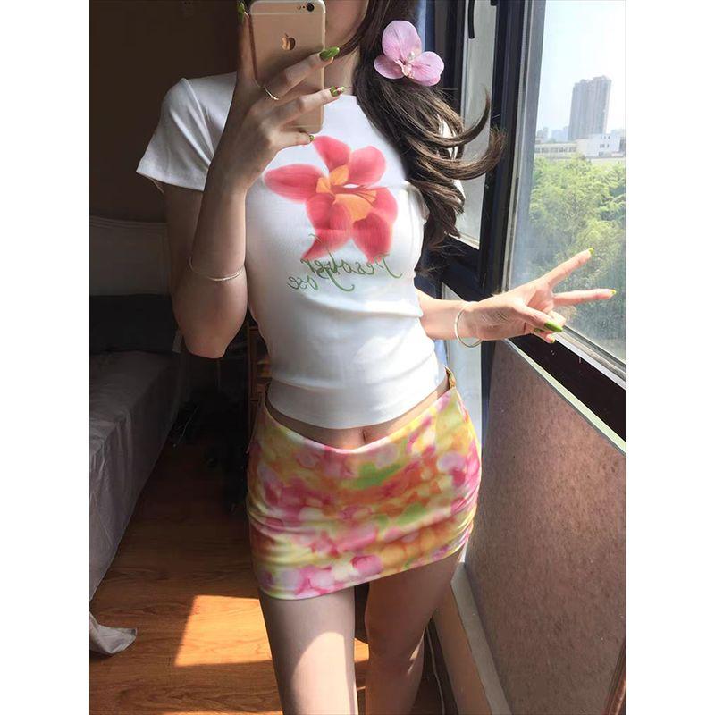 Kumikumi Sweet Style Set round Neck Short sleeve T-shirt Women Summer Slimming All-Match Hip Skirt Two piece skirt