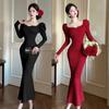 Temperament Square Collar High-end Sense Thin Long-sleeved Fishtail Hip-wrapped Dress Women's Autumn Hepburn Style Long Dress