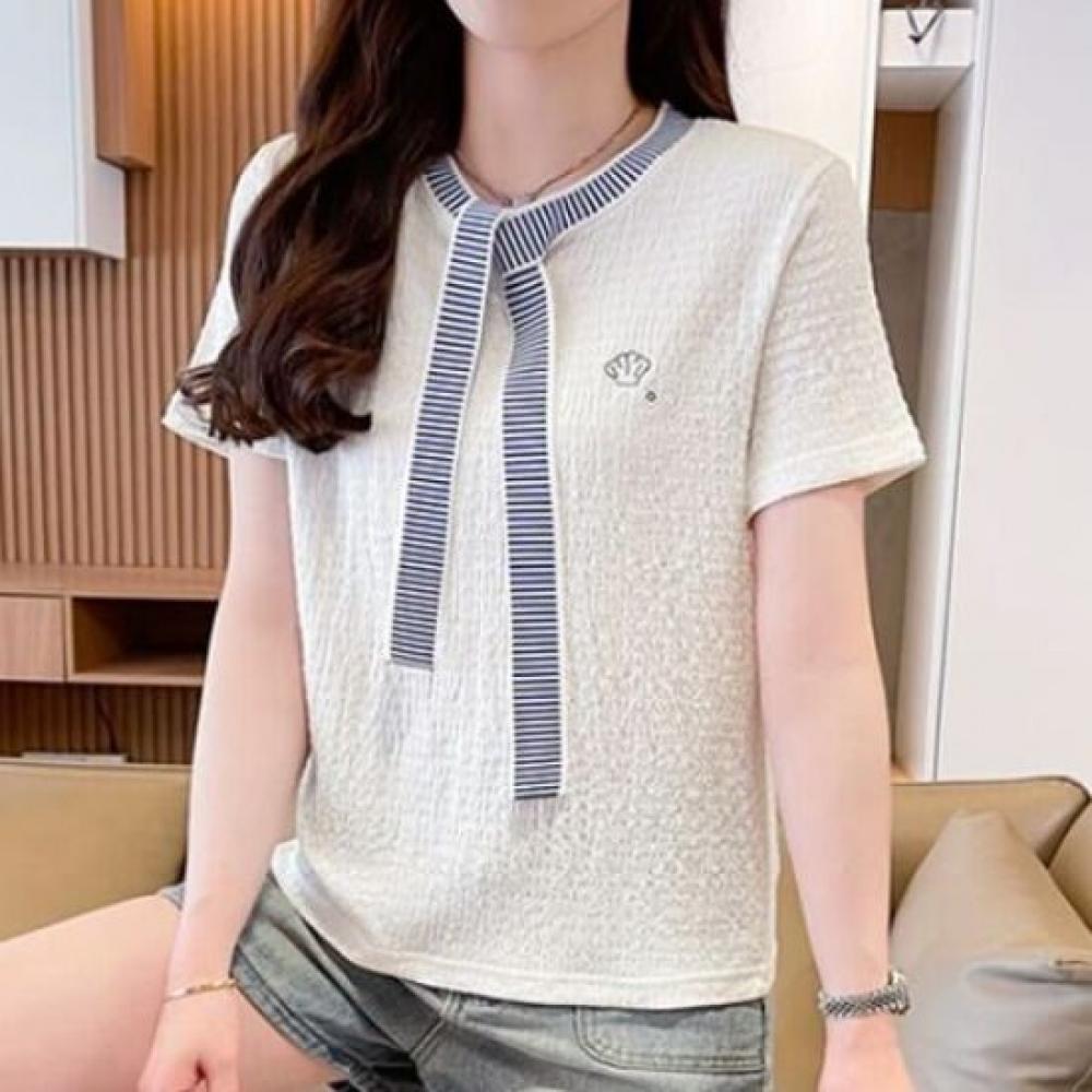 Navava Women Seersucker STripe Ribbon Neck ShorT Sleeve T shirT nT2728