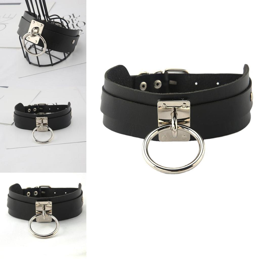 Fashion Solid Color Large Metal Ring Decoration Women Pu Leather Collar Necklace For Adult Women
