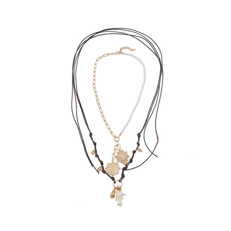 Handmade Multi-Layer Pendant Necklace With Imitation Pearl Beads Geometric Design Gold Tone Zinc Alloy Boho Chic Gold