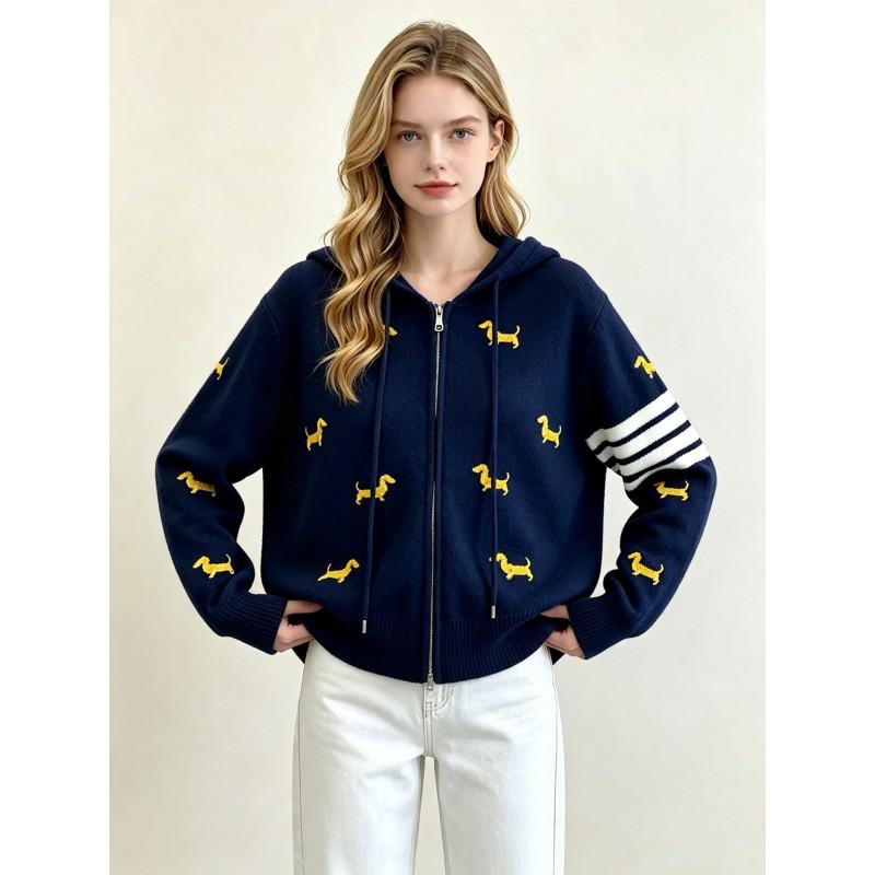 Womens Hooded Knit Cardigan Animal Embroidery Four Stripes Fall Winter Casual Outerwear