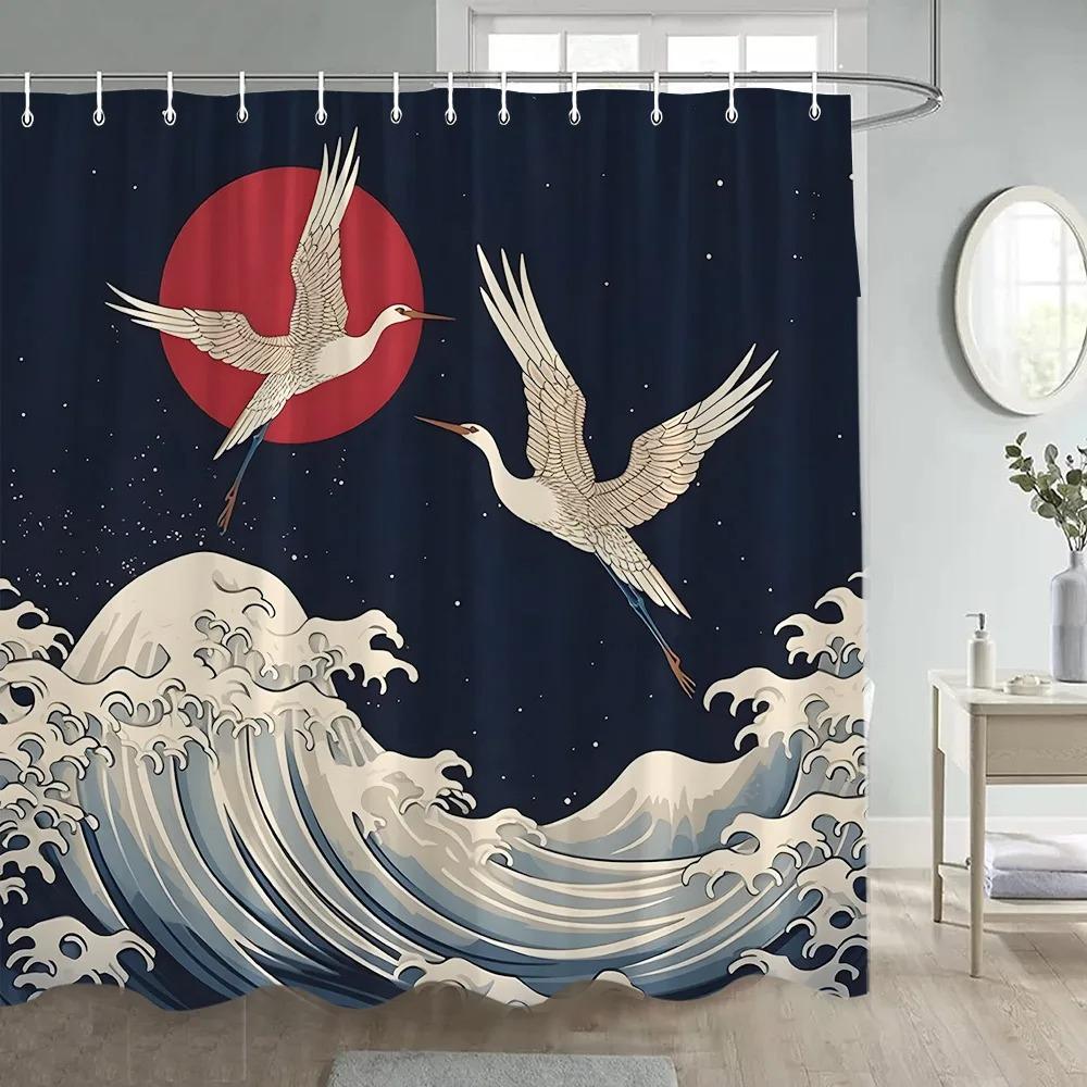 Japanese Landscape Shower Curtains Cherry Blossom Koi Fish Lotus Abstract Mountain Sea Waves Polyester Bathroom Decor with Hooks
