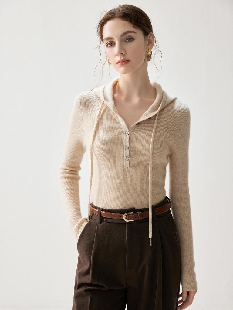 Women's Elegant Ribbed Cashmere Pullover - Slim Fit, Hooded, Solid Color, Autumn 2026 Collection.