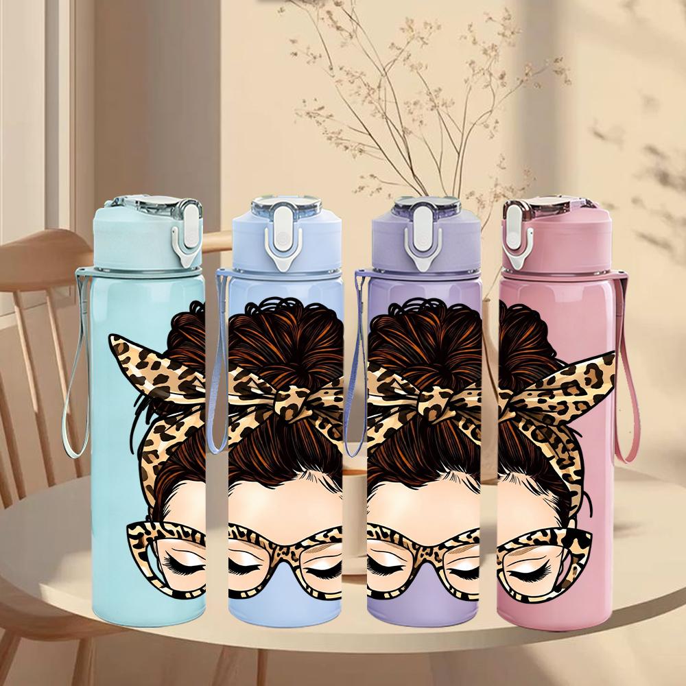 1PC Leopard Print Messy Bun Lady 750ml Color Plastic Sports Water Bottle Leakproof Flip Straw Lid Suitable for Sports Office Home Use
