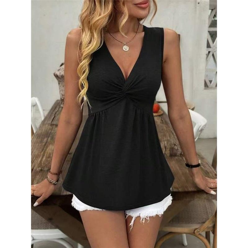 

Women Casual Color V-neck Sleeveless Vest With A Twisted And Cinched Waist Top T-shirt L чёрный