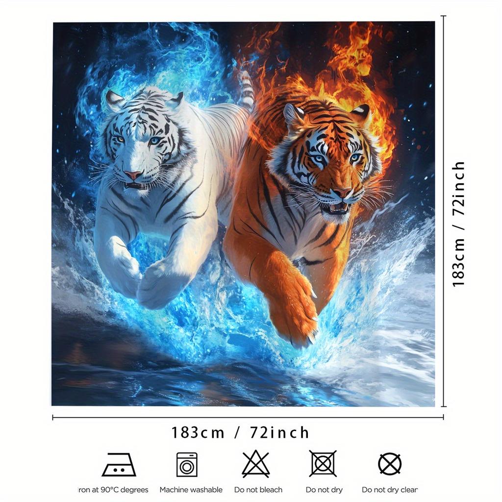 1Pc Creative Ice And Fire Forest King Tiger Theme Digital Printed Shower Curtain, Polyester Shower Curtain With Hooks, Bathroom