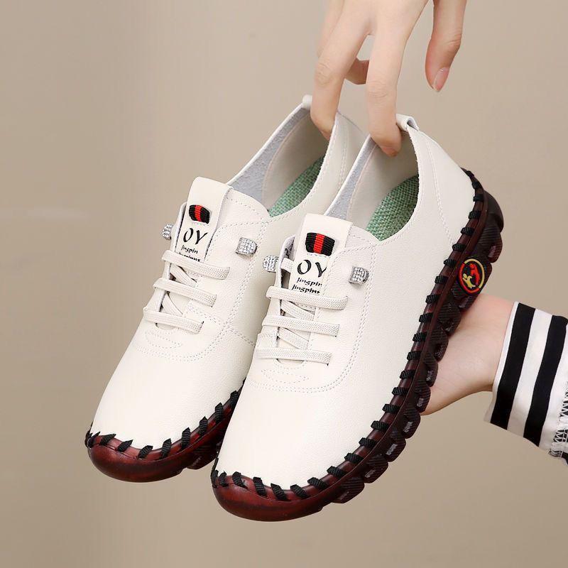 Spring and Autumn Hand-stitched Single Shoes Large Size Women's Shoes Middle-aged Mom Shoes White Shoes Flat Casual Shoes