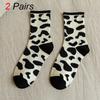 2 Pairs Women Cartoon Mid Tube Socks Fashionable Cow Zebra Print Pattern College Style Cute Comfortable Casual Round Neck Socks