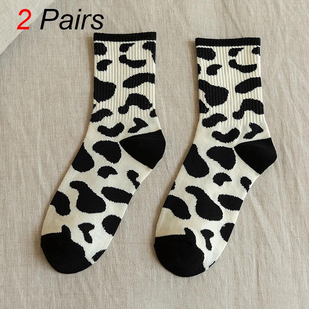 2 Pairs Women Cartoon Mid Tube Socks Fashionable Cow Zebra Print Pattern College Style Cute Comfortable Casual Round Neck Socks