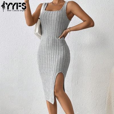 Women's Fashion Summer Spring Solid Color Print Sleeveless Square Collar High Waist Casual Dresses