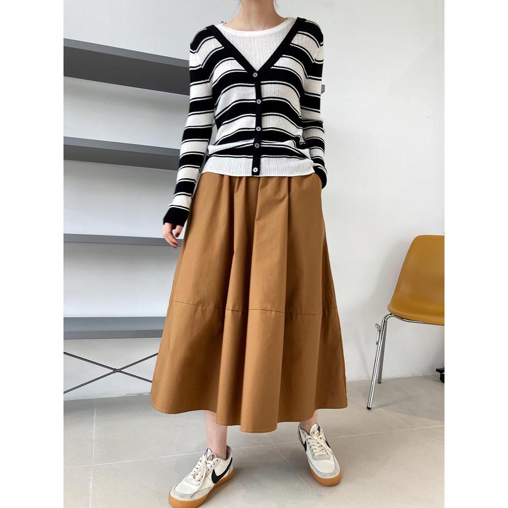 Luxi Autumn High Waist Slim Puffy A-Line Skirt with Elastic Waist and Medium Long Swing.