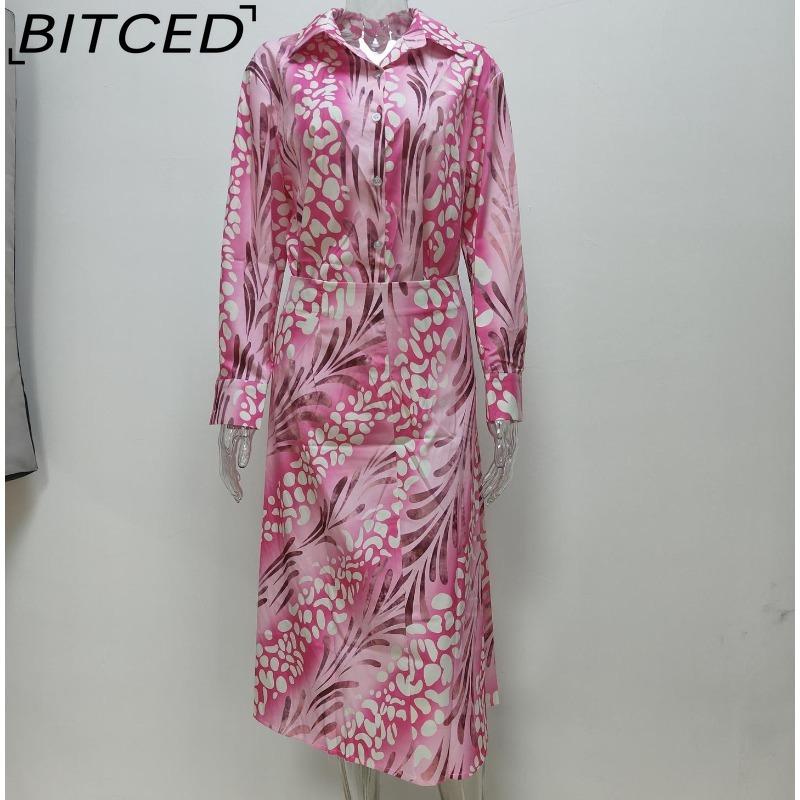 BITCED Damen Sommer Elegant Bedrucktes Hemd mit Kragen und langen Ärmeln und hochtaillierter Rock Mode-Set