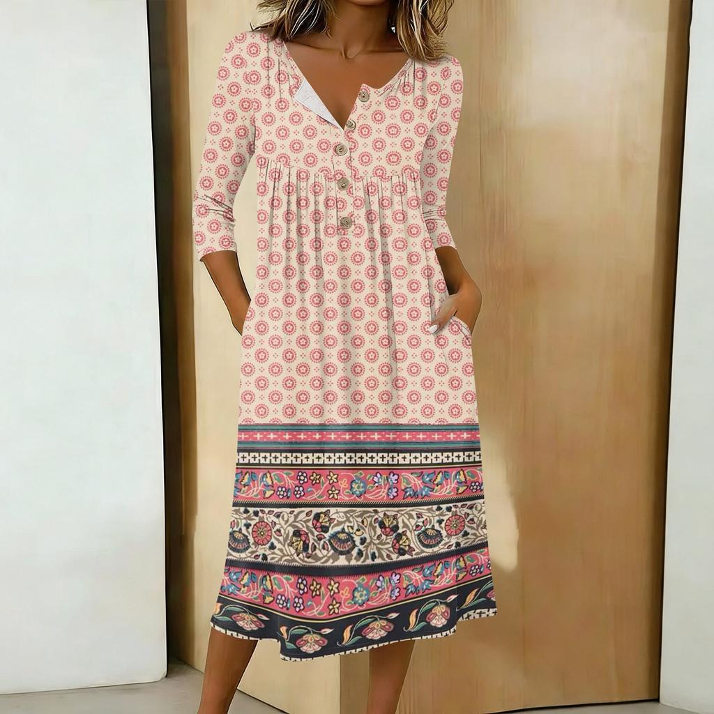 Rochie casual de damă la modă, cu imprimeu colorat, gât rotund, mânecă 3/4, guler cu nasturi, lungime medie