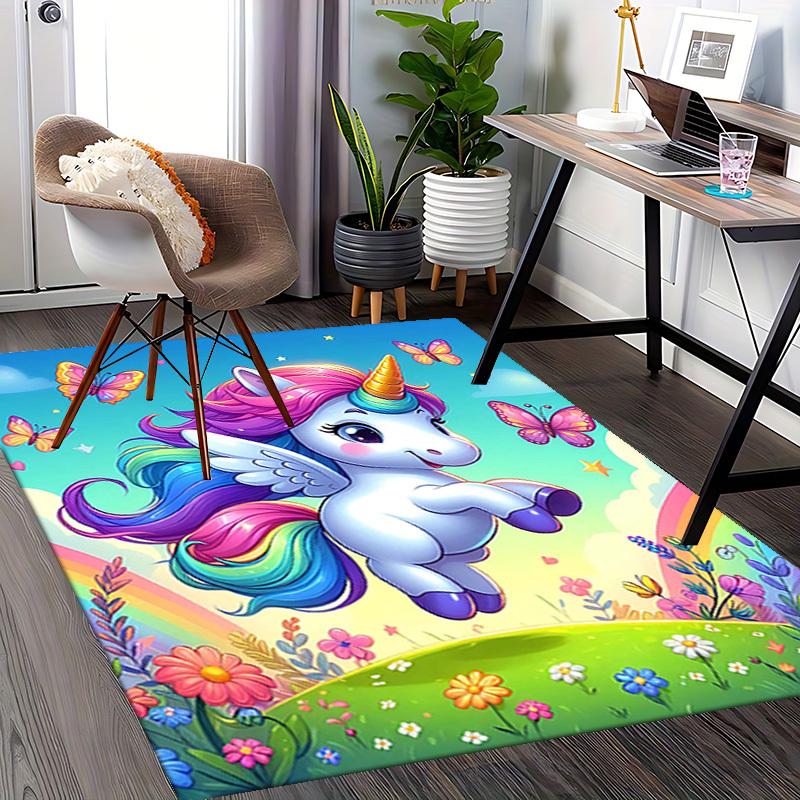 1pc Unicorn Rainbow Butterfly Chair Mat - Anime Cartoon Design, Non-Slip Carpet for Office and Home Decor, Suitable for All Seasons.H098