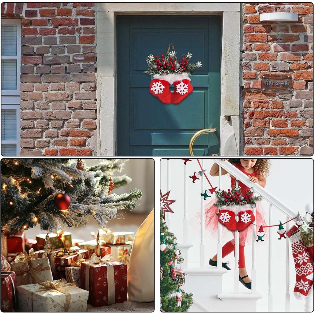 Christmas Door Wreath Mitten Artificial Holiday Garland with LED Lights Holiday Decorations with Red Berries Pine Cones Branches