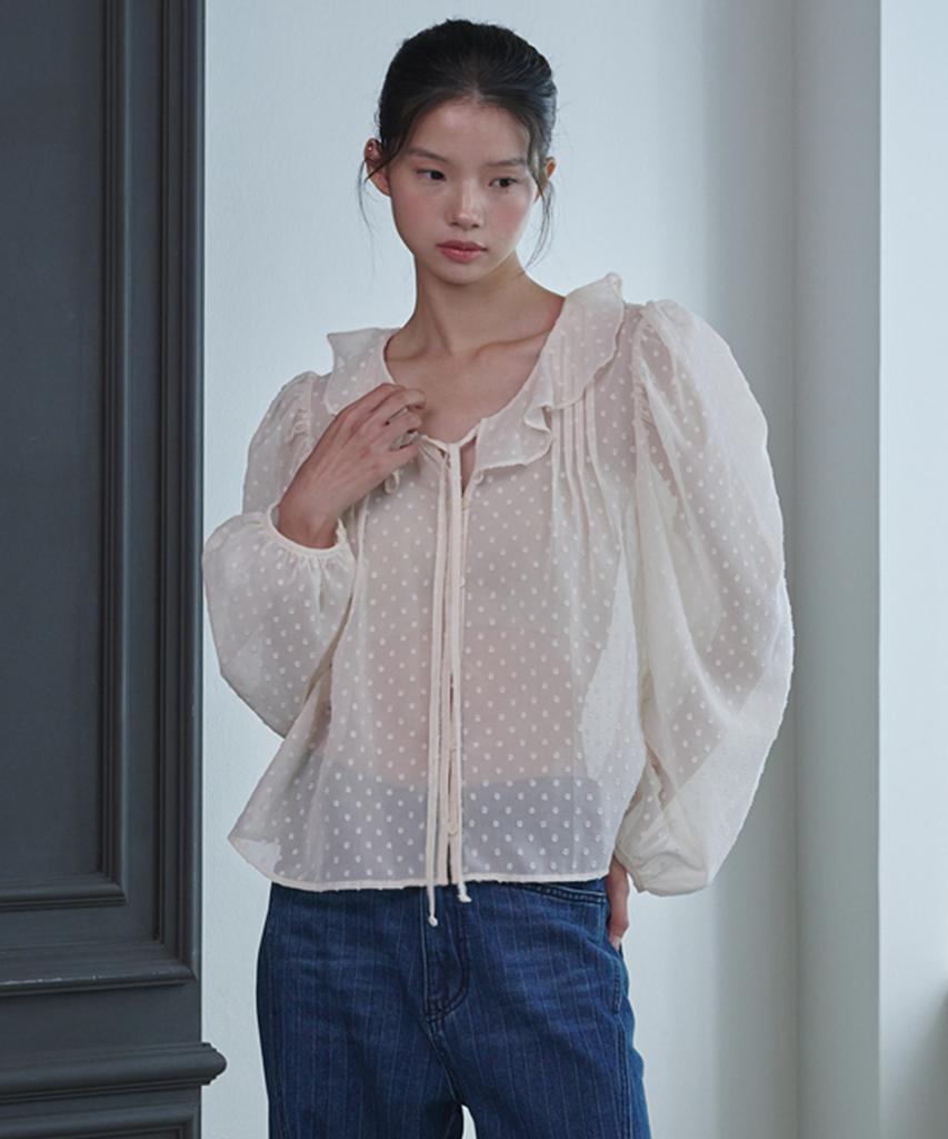 OPENING SUNSHINE Ruffle See-Through Dot Blouse Ivory