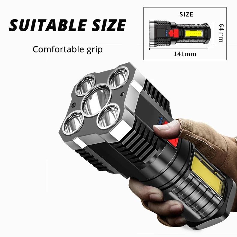 High Power LED Flashlights Camping Torch With 7 Lamp Beads And COB Side Light Rechargeable Portable Hand Lantern 4 Lighting Mode