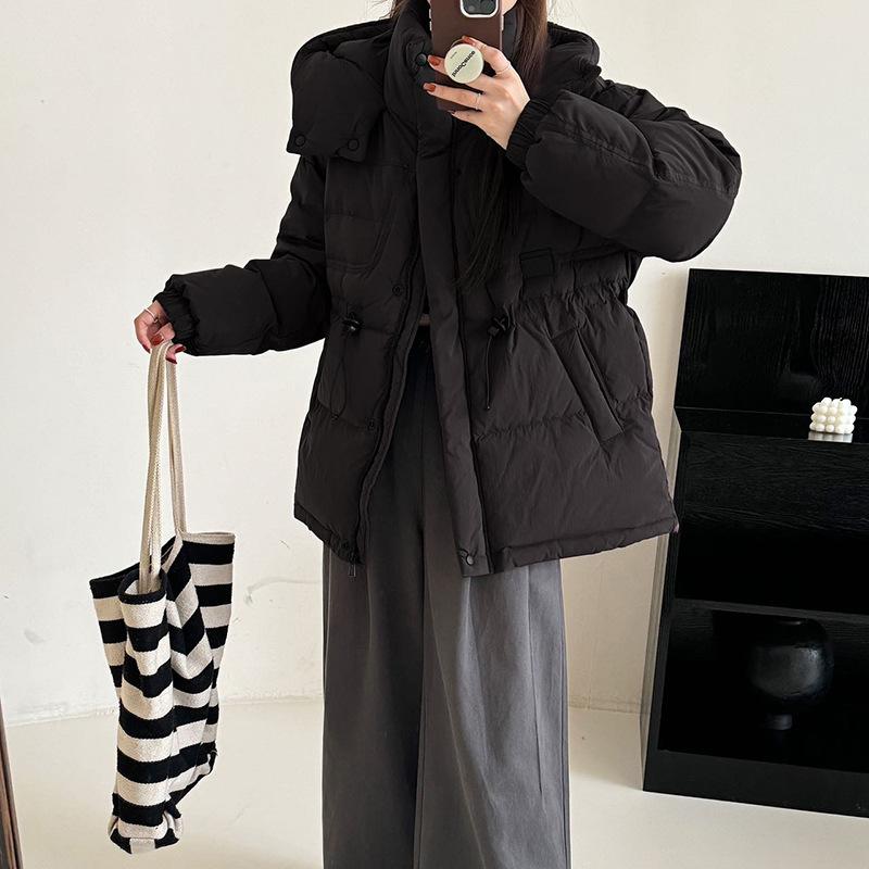 Outdoor cold-resistant white duck down tooling down jacket women's 2024 new fashion hooded leather standard waist thin jacket