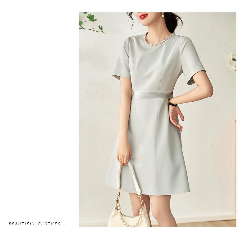 French Luxury Striped Studded Short Sleeve Dress for Women