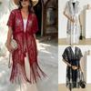Lace Mesh Bohemian Shawl Tassel Sun-Protective Top Elegant Swimsuit Cover Up  Vacation