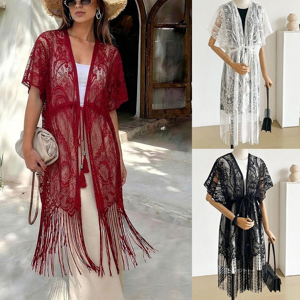 Lace Mesh Bohemian Shawl Tassel Sun-Protective Top Elegant Swimsuit Cover Up Vacation