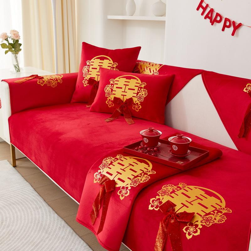 Festive Red Wedding Sofa Cushion, Universal Non-slip Leather Seat Cushion for All Seasons, Simple Modern Wedding Room Cover