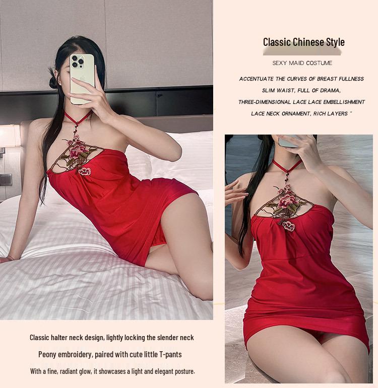 Red Embroidered Erotic Ancient Style Qipao Nightgown for Role Play