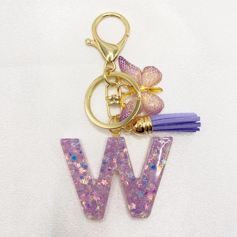 26-Letter Alphabet Resin Keychain with Star Sequins & Tassel Charm