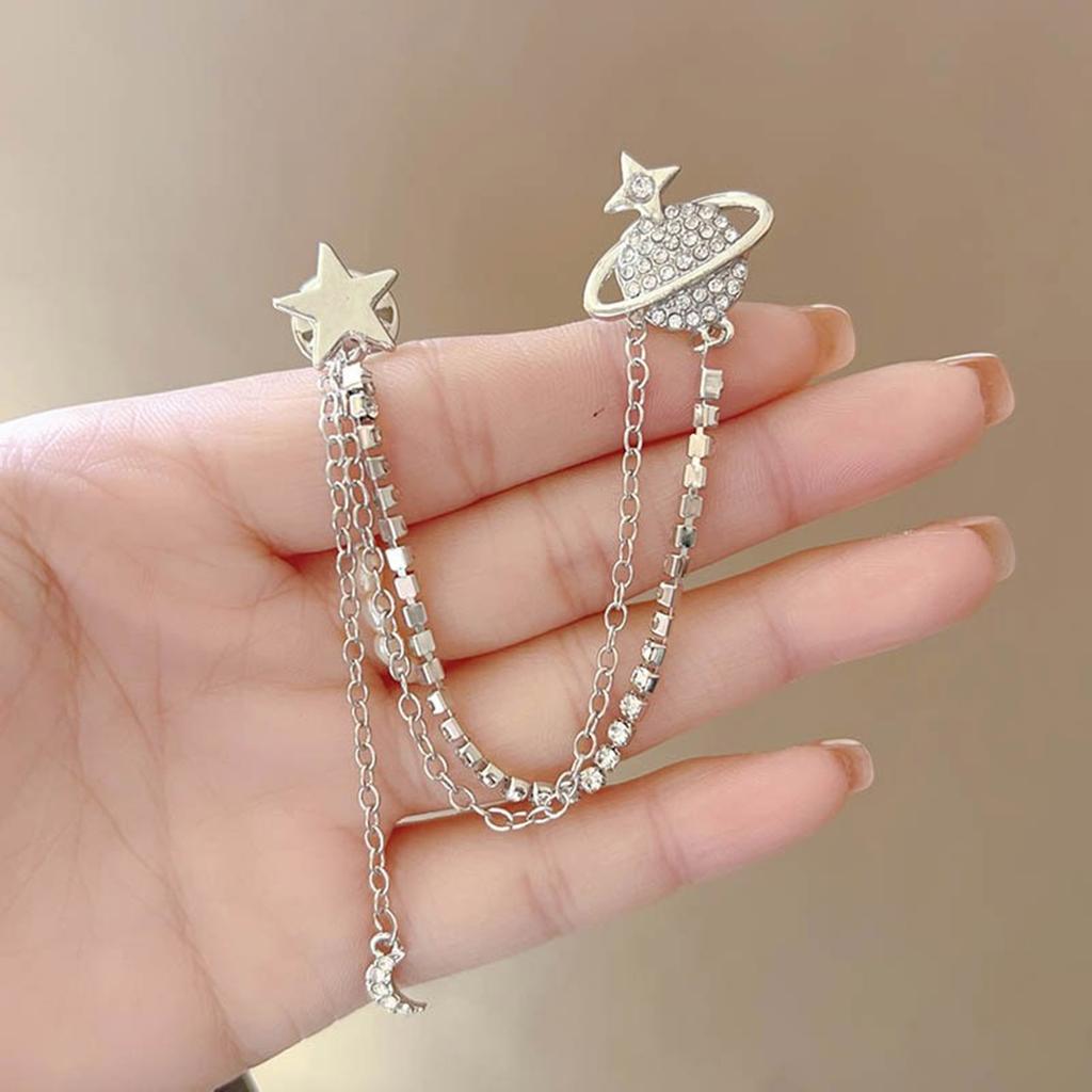 Sophisticated Crystal Moon Planet Lapel Pin Adornment for Men Rhinestone Collar Accessory with Hanging Chain Brooch