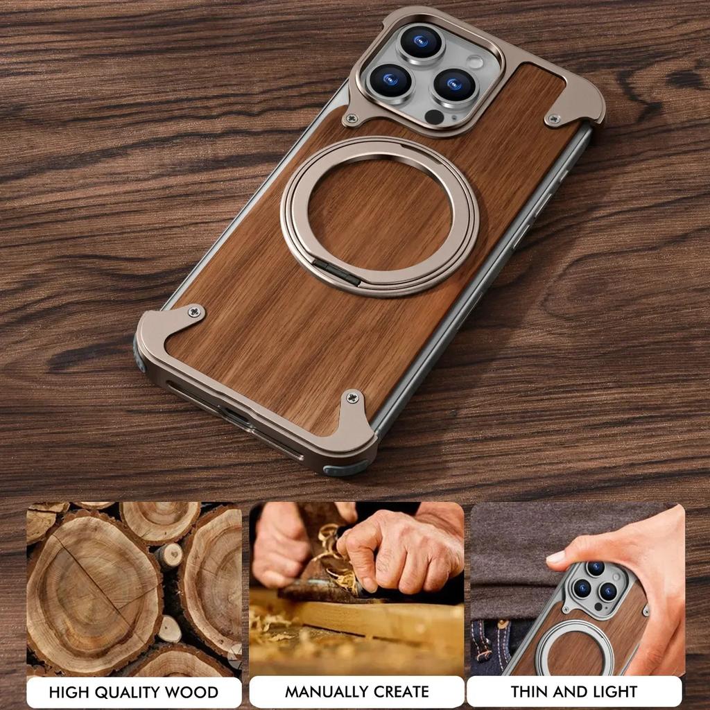 Oatsbasf Solid Wood Magsafe Phone Case for iPhone 14 15 16 Pro Max Shockproof Protective Cover W/ 360° Rotatable Ring Stand