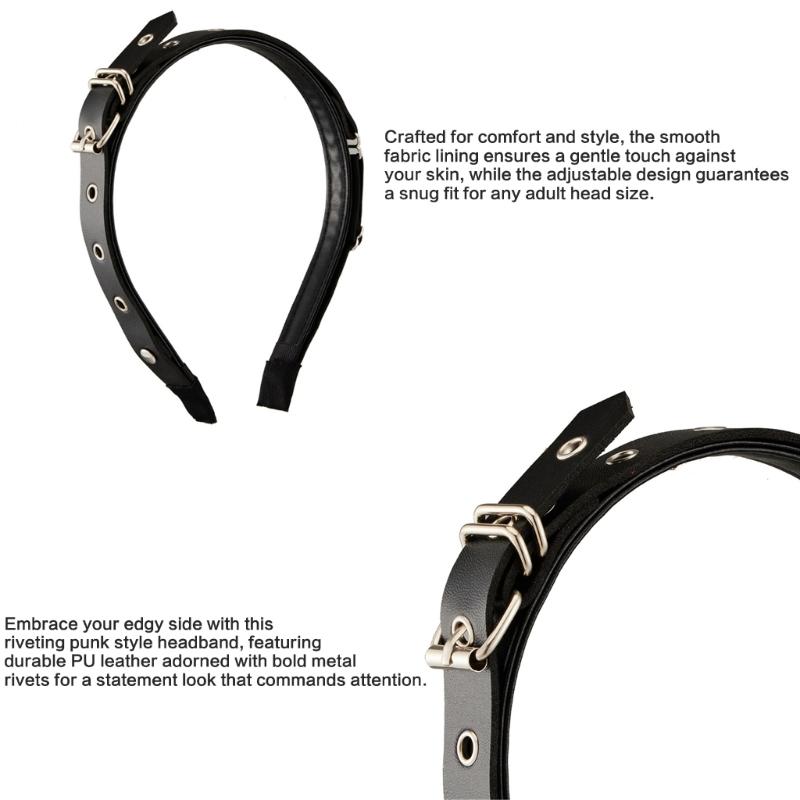 Unique Buckles Punk Headbands PU Leather with Metal Details Halloween Cosplay Headwear for Music Festivals and Event