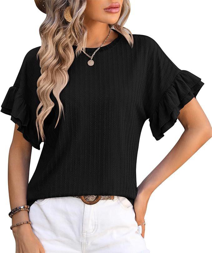Women's clothing European and American spring and summer new solid color round neck lotus leaf sleeve short sleeve T-shirt top