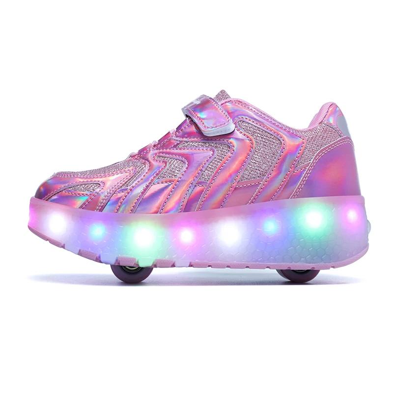 Kid Wheels Shoes Roller Skate Shoes 2 Wheels Child Deform Sneakers Outdoor Sport Deformation Parkour Runaway Boy Girl Youth Gift
