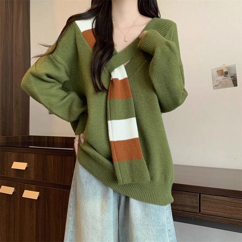 Bequemer und warmer V-Ausschnitt Strickpullover für Damen Herbst- und Frühlingsoutfits