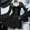 WY23083 Retro Dark Flocked Elegant Long Dress with Big Sleeves for Women