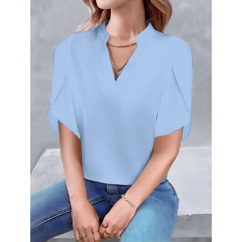 

2025 Summer Fashion Simple V-neck Petal Sleeve Solid Women s Shirt Shirts Women Light blue XL