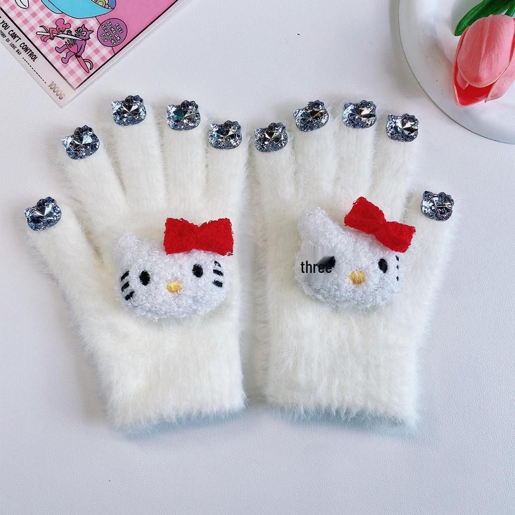 Hello Kitty Winter Gloves for Girls - Warm, Diamond-Patterned, Imitation Rabbit Fur, Perfect for Cold Protection and Cycling.